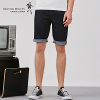 与狼共舞牛仔短裤男士2018夏季韩版潮流纯棉修身深色五分裤子DY