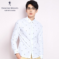 与狼共舞长袖衬衫男春季修身时尚纯棉碎花男士休闲潮流衬衣清仓