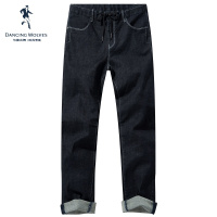 与狼共舞牛仔裤男修身新款潮流深蓝系带松紧腰长裤子