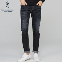与狼共舞男装牛仔裤男中腰修身小脚秋季款男士纯棉弹力深色长裤DZ