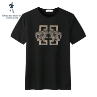 与狼共舞舒适纯棉夏季新款豹子图案亮片休闲短袖男士T恤