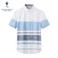 与狼共舞舒适纯棉夏季新款简约条纹翻领短袖休闲男士衬衫