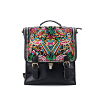 吐火罗2018新品刺绣民族风大容量牛皮双肩包