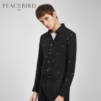 太平鸟男装 冬季新款黑色撞色流星刺绣修身时尚长袖衬衫