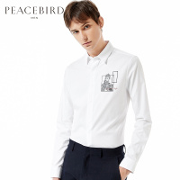 太平鸟男装秋季新款白色长袖衬衫创意胶印潮流衬衣