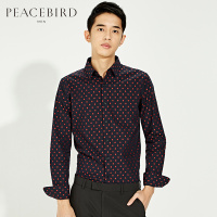 太平鸟男装藏蓝色红色波点长袖衬衫休闲时尚男士衬衣