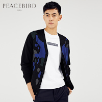 太平鸟男男士新款开衫黑蓝拼接V领羊毛毛衫