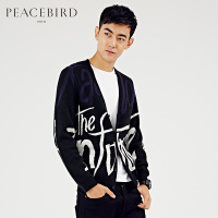 太平鸟男撞色英文个性潮流V领毛开衫黑色时尚毛衫