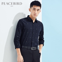 太平鸟男装夏季男刺绣花卉藏蓝色个性七分袖衬衫