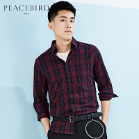 太平鸟男装夏季红蓝格子七分袖衬衫潮流中袖衬衫