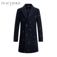 太平鸟男装新款潮流毛呢子大衣藏蓝色宽松刺绣中长款韩版毛呢大衣