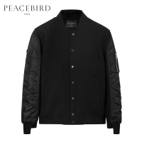 太平鸟男装冬季新款黑色棒拼接袖筒多口袋羊毛保暖夹克