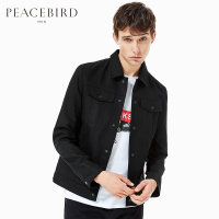 太平鸟男装秋新款羊毛面料翻领时尚英文贴布黑色夹克