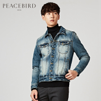 太平鸟男士个性磨白韩版夹棉复古夹克牛仔外套