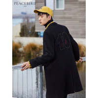 太平鸟男装冬新款刺绣铆钉呢大衣羊毛外套中长款翻领大衣潮