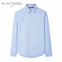太平鸟男装春季新款男士蓝色印花衬衣韩版修身牛津纺长袖衬衫潮_8