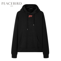 太平鸟男装新款青春黑色时尚火焰字母off胶印连帽套头卫衣外套潮