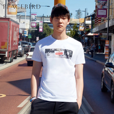 太平鸟男装男士白色印花短袖2018夏季新款韩版体恤潮流T恤衫