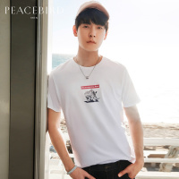 太平鸟男装男士短袖体恤白色犀牛印花T恤衫2018夏青年衣服潮