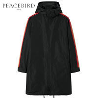 太平鸟男装连帽外套春季新款黑色休闲条纹防风韩版长款风衣男潮