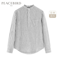 太平鸟男装春季新款亚麻灰白条纹衬衫时尚潮流长袖衬衣