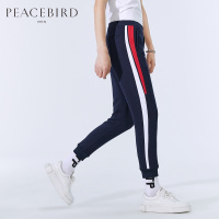 太平鸟男装2018春季新款藏蓝色束口裤白红条纹潮休闲裤