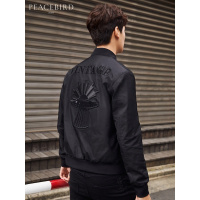 太平鸟男装黑色夹克男刺绣潮夹克衫贴布装饰外套青年潮流韩版春装