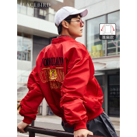 太平鸟男装2019春季飞行员夹克红色字母刺绣潮流宽松外套