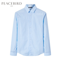 太平鸟男装春款男士蓝白细条纹长袖衬衫蝴蝶刺绣衬衣