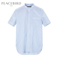 太平鸟男装2017夏季立领竖条纹衬衫蓝条纹宽松短袖衬衫