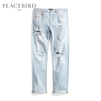 太平鸟男装夏季新款男士韩版膝盖破洞裤子水洗小脚直筒牛仔裤男潮