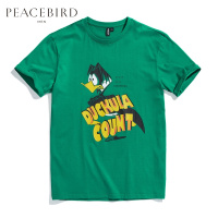 太平鸟男装夏装新款圆领绿色卡通怪鸭图案潮流短袖T恤