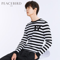 太平鸟男装春季新款男士纯棉圆领黑白条纹数字缝标毛衫