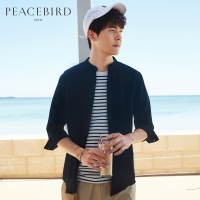 太平鸟男装夏季男士中袖衬衣黑色韩版修身立领七分袖衬衫潮