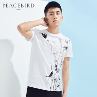 太平鸟男装夏季清凉时尚白色创意水墨图案胶印短袖T恤