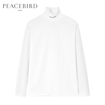 太平鸟男装冬季高领胶印T恤时尚韩版白色长袖打底衫个性潮流