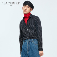太平鸟男装春季青年时尚黑白竖条纹韩版长袖衬衫潮