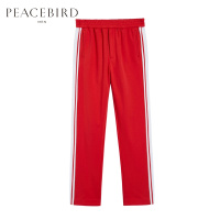 太平鸟男装18春季新款红色长裤校服裤红白拼色潮休闲裤
