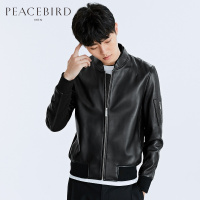 太平鸟男装春装青年棒球领绵羊皮时尚修身真皮皮衣_989