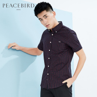 太平鸟男装夏季新款蓝红格子修身韩休闲商务短袖衬衫