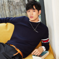 太平鸟男装新款藏蓝色袖边撞色针织羊毛毛衣时尚商务休闲套头毛衫