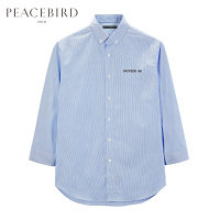太平鸟男装蓝色条纹字母刺绣胶印长袖衬衫