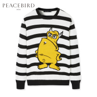 太平鸟男装新款黑白条纹创意大图案羊毛衫套头圆领青春卡通毛衣