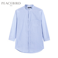 太平鸟男装2019夏季新款蓝白条纹休闲衬衫时尚刺绣七分袖立领衬衣
