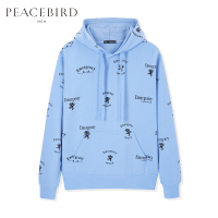太平鸟男装春季新款撞色印花连帽卫衣淡蓝色宽松休闲套头衫外套