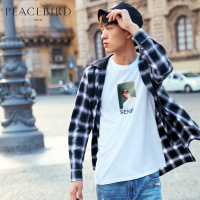 太平鸟男装秋季新款黑白格子连帽长袖外套衬衣潮牌ins超火的衬衫