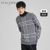 太平鸟男装青年圆领格纹针织毛衫冬季新款英伦复古休闲套头毛衣