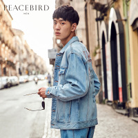 太平鸟男装牛仔夹克男仙鹤刺绣外套浅色夹克衫日韩外套春季潮