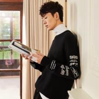 太平鸟男装 冬季新款圆领黑色套头刺绣毛衫韩版个性保暖针织衫潮