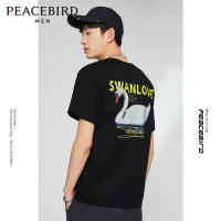 太平鸟男装 夏季短袖T恤男天鹅印花黑色体恤修身纯棉T恤打底衫#s